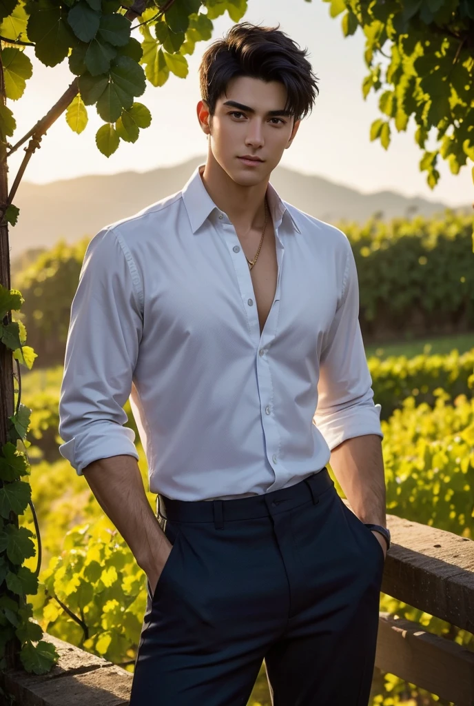 UHD, A sprawling vineyard on a hillside, bathed in the warm, golden glow of sunset. A tall, fit man with a lean, muscular body stands among the grapevines, his shirt unbuttoned and his toned chest glowing in the evening light. His sharp eyes and relaxed, confident stance add an air of sensuality to the rustic beauty of the vineyard. The warm air carries the earthy scent of ripe grapes as he gazes out over the viewers, his presence add the sense of sensuality and allure to the atmosphere,