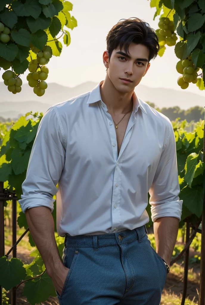 UHD, A sprawling vineyard on a hillside, bathed in the warm, golden glow of sunset. A tall, fit man with a lean, muscular body stands among the grapevines, his shirt unbuttoned and his toned chest glowing in the evening light. His sharp eyes and relaxed, confident stance add an air of sensuality to the rustic beauty of the vineyard. The warm air carries the earthy scent of ripe grapes as he gazes out over the viewers, his presence add the sense of sensuality and allure to the atmosphere,