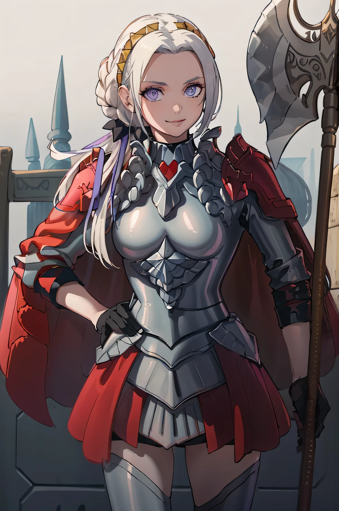 (masterpiece:1.2), best quality, high resolution, unity 8k wallpaper, (illustration), extremely detailed face, perfect lighting, extremely detailed CG, 1girl, solo, purple eyes, white hair, long hair, hair ornament, ribbon, red cape, black gloves, armor, standing, cowboy shot, looking at viewer, simple background, smile, closed mouth, holding axe, holding grip of axe