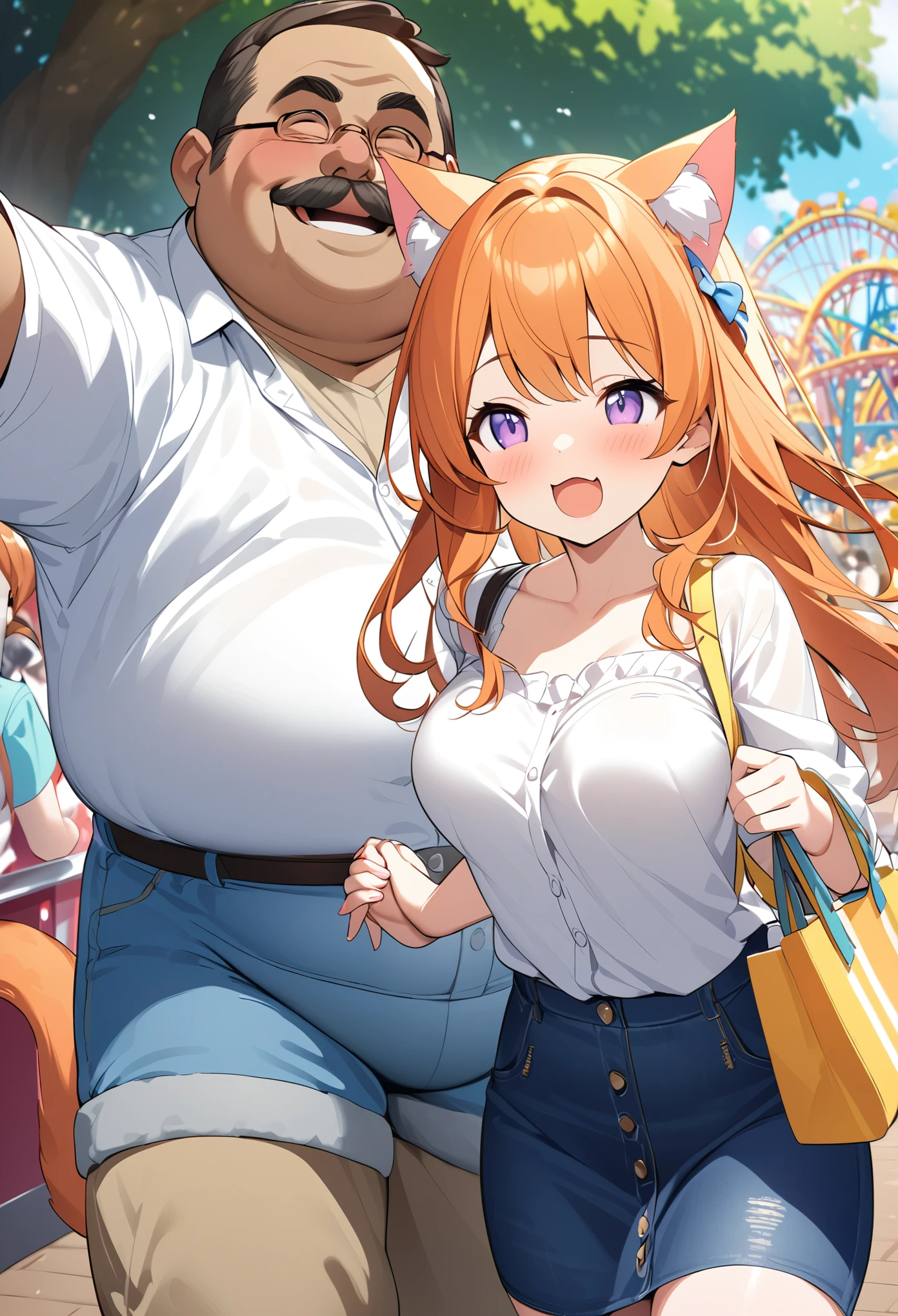 young girl、Very cute、young、Firm breasts、White shirt、Denim skirt、Orange Hair、High Quality Backgrounds、Fat Uncle、Holding hands、amusement park、Enjoy a date、cat ears、cat&#39;S-tail、Short Hair