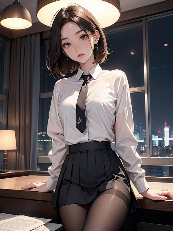 Best Quality、Complete limbs、Full Finger、Cool and beautiful woman,Mole under the eye、 Upturned eyes、sweat、Slender beauty、straight、Pixie Cut。Brown Hair、My front hair is falling out。Legs wide open,、Legs wide open。パンティーがappear。（At the desk、Standing。Student Uniform、shirt、Ribbon tie、Her bra is open、appear。Checkered pleated mini skirt very thin))、chest、大きなchestの谷間、Black Pantyhose、(Room with city night view)、（Attractive body）、（women are、Red cheeks、that&#39;Like her&#39;Crying face、）Shiny Hair, Brown Hair, Bangs between the eyes, 