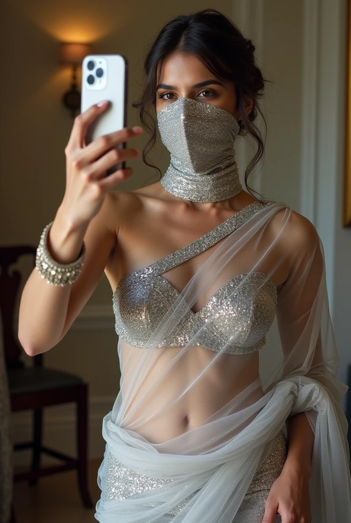 Mulher linda e sexy usando um niqab branco e transparente, olhar sexy, pose elegante