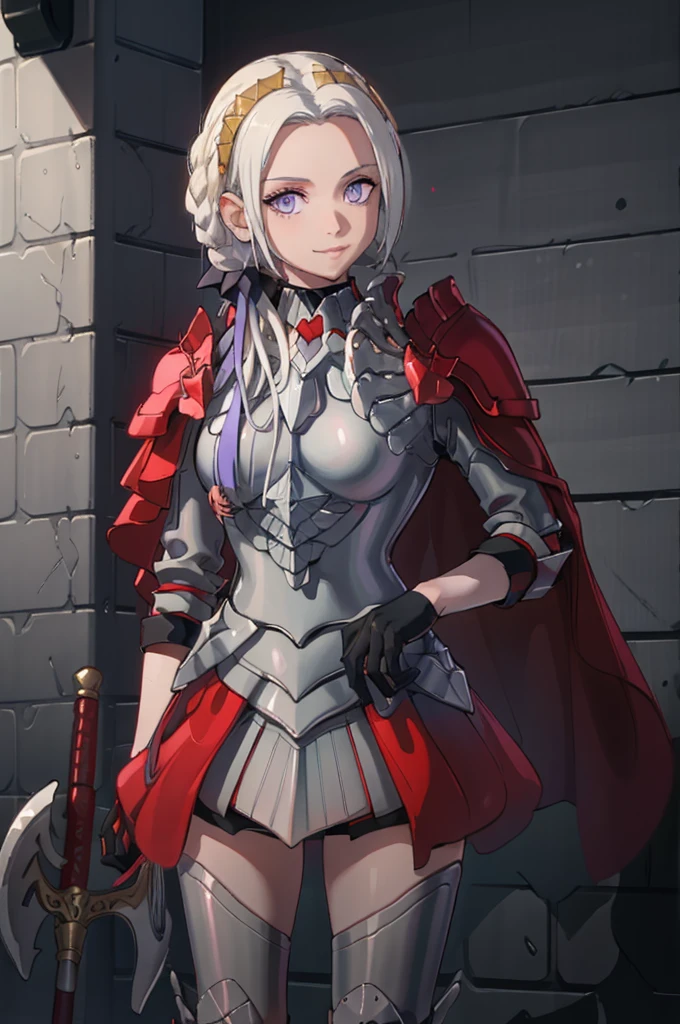 (masterpiece:1.2), best quality, high resolution, unity 8k wallpaper, (illustration), extremely detailed face, perfect lighting, extremely detailed CG, 1girl, solo, purple eyes, white hair, long hair, hair ornament, ribbon, red cape, black gloves, armor, standing, cowboy shot, looking at viewer, simple background, smile, closed mouth, holding axe, holding grip of axe