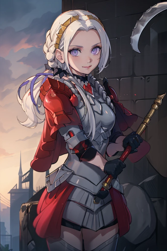 (masterpiece:1.2), best quality, high resolution, unity 8k wallpaper, (illustration), extremely detailed face, perfect lighting, extremely detailed CG, 1girl, solo, purple eyes, white hair, long hair, hair ornament, ribbon, red cape, black gloves, armor, standing, cowboy shot, looking at viewer, simple background, smile, closed mouth, holding axe, holding grip of axe