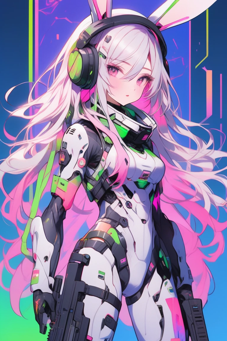 ((Masterpiece)), best quality, absurderes, ultra detailed, super beautiful asian girl with beautiful eyes, beautiful multicolored white hair, high ponytail, nice and sexy body, wearing a pink and black plugsuit, inside a control room in a crazy spaceship