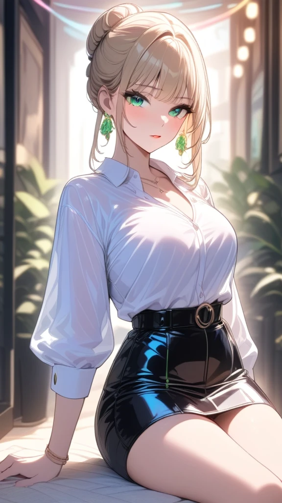 (masterpiece,{{bestquality}}), 1 girl, juicy thighs, thin waist,  decorations, hair gathered in a bun, green eyes, white shirt, black mini skirt, spectacled, blond hair 