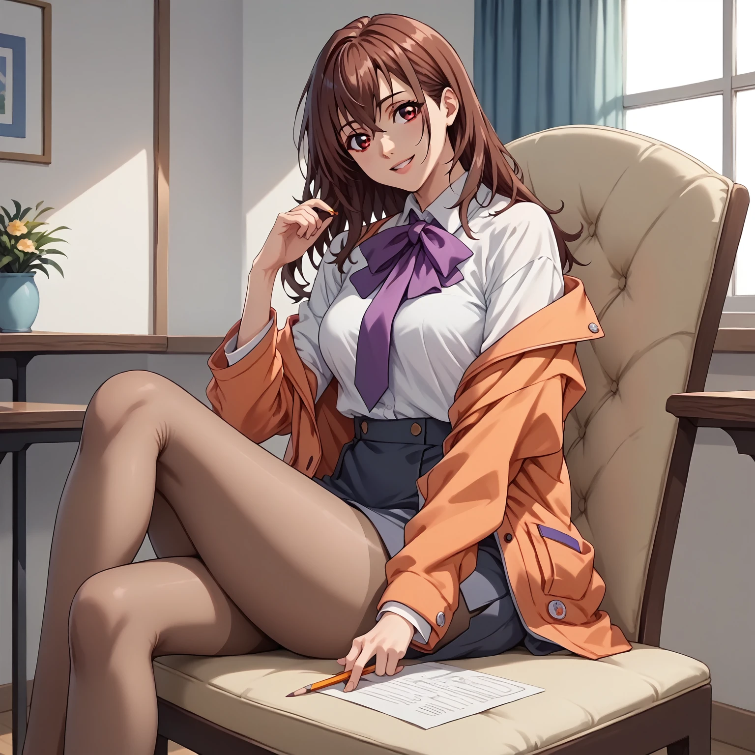 smile,I parted my lips,
Alone,
Reina Asaoka,One girl,Brown Hair,length hair,Hair between the eyes,Red eyes,
Medium sized breasts,
White shirt,length_sleeve,Purple ribbon tie,Orange jacket,
Orange pencil_Silk Art,
Brown Pantyhose,
expensive_heel,
whole body,Sitting,chair,