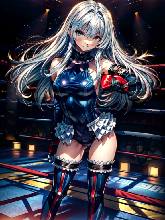 Masterpiece, Very detailed, Highest quality, Sharp focus, 12k, ultra hi resolution picture, big ,12k,Perfect ???????, Highest quality, Marie Rose,Emotionless
,,Wicked Smile,Anime Style,(Ruffled swimsuit, Knee socks, Removable sleeves), (Anime Style:1.4) ,
,(White fingers:1.1,Black gloves),
(Inside the fighting arena:1.4),,(whole body:1.3),
