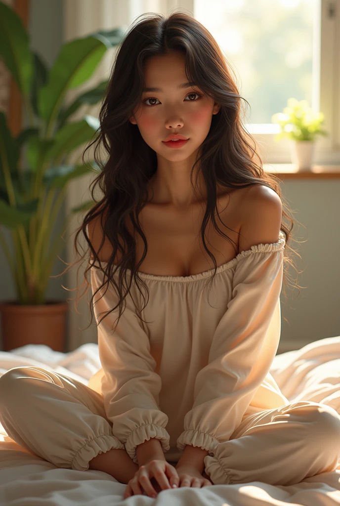 (photorealism:1.2), beautiful Chinese woman, sitting on bed, wearing loose off-shoulder top, pajama pants, long curly hair, indoors, soft lighting, plants in background, window with sunlight, cozy room, relaxed pose, realistic, intricate details, warm colors,