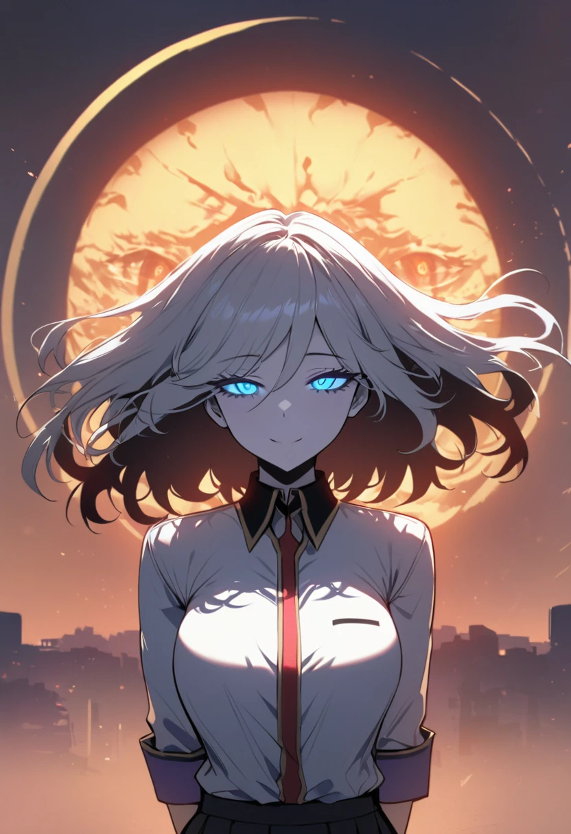 (((Obra maestra, La mejor calidad, ultrahigh resolution))), 1girl, standing, school uniform, white office shirt, black pleated skirt, ((light white hair:0.7)), long hair cut, pale skin, ((blue eyes)), glowing_eyes, neon eyes, (((ultra detailed eyes, beautiful and detailed face, detailed eyes))), ((centered)), smile, ((wide shot)), facing viewer, eye level, (((sunset background, massive detailed sun behind subject))), normal breasts, looking at viewer, ((half closed eyes)), ((perfect hands)), (((head, arms, hips, elbows, in view))), ((hands behind back)), empty eyes, beautiful lighting, outside, outdoors, shooting star:0.7, background, defined subject, 2, ((open scenery background))