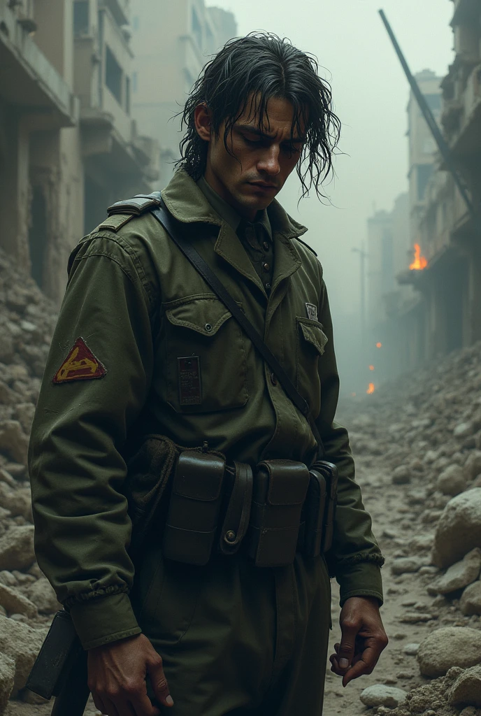 The man dressed in military uniform is standing in the middle of a completely destroyed African village, surrounded by rubble and smoke. He holds a rifle in his right hand and wears a worried expression on his face as he looks at the wreckage around him. In the background, you can see destroyed houses and burned vehicles. The sky is dark and gloomy --auto --s2
