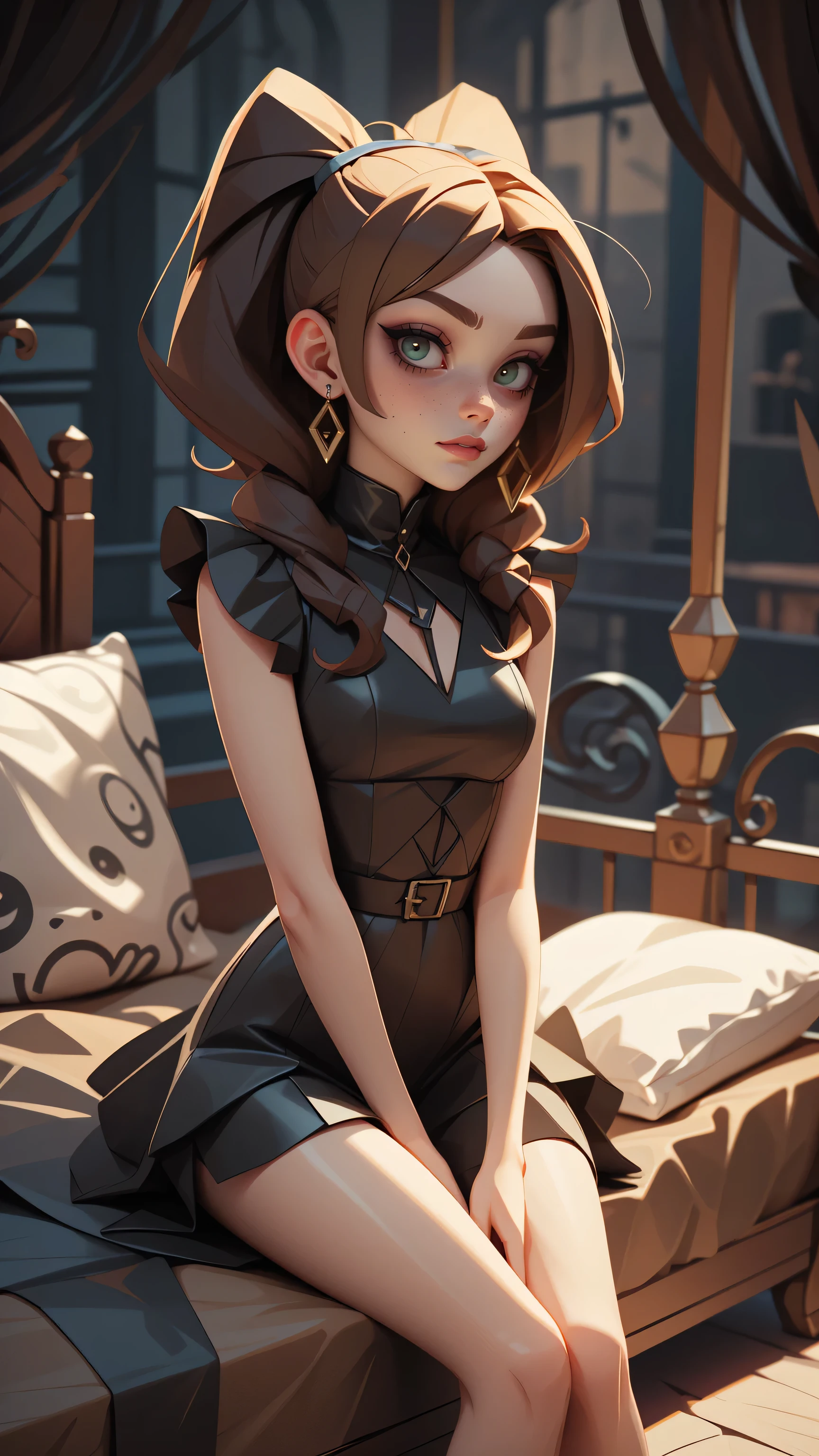 The image depicts of a young woman. dark hair and two pigtails. She is wearing gothic style clothing and accessories, a very dark look. The backdrop is an dark bedroom at night, sitting in bed. (Slim body:1.4), (Freckles), (Gothic Makeup).