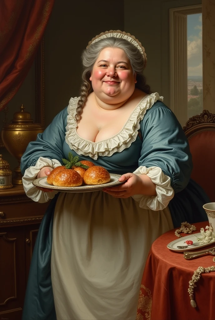 One Renaissance painting of a woman at an elaborate feast alone, dark shadows, alone, mideval background ，over eating, stuffed belly, (Renaissance oil painting:1.1), stuffed belly,  best quality, extremely high resolution, sharp focus, dynamic, (creativity:1.3)