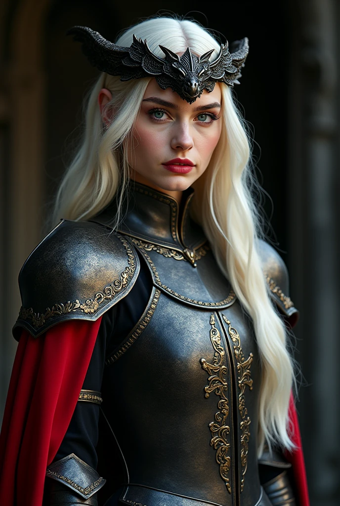 Create a photo of Freya Allan with the Targaryen look: long platinum hair, elaborate and luxurious armor with red and black details. Maybe a dragon inspired tiara, to capture the essence of House Targaryen.