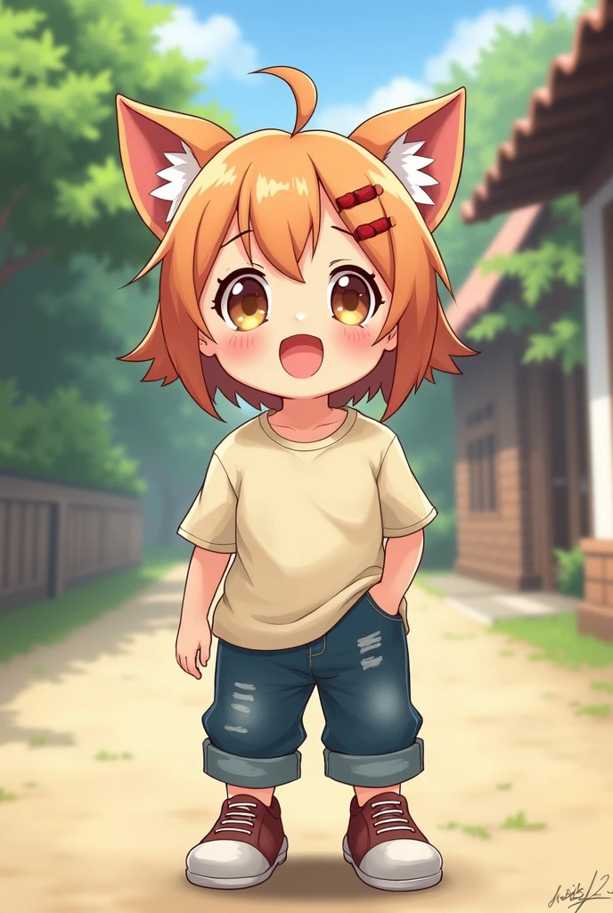 little boy, short black hair, Fox ears, Foxtail, blue eyes, ssmile, tshirt, briefs, Jumps, Masterpiece, hiquality