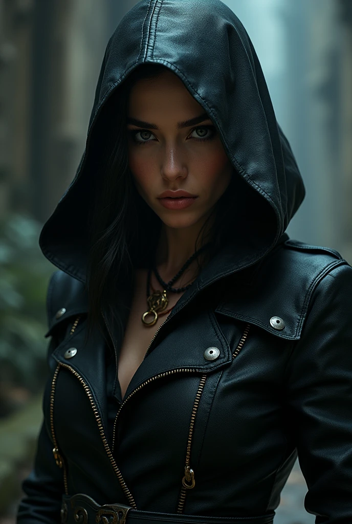 Matty, the Caucasian Elf from Dungeons and Dragons, best quality, ultra-detailed CG unity 8k wallpaper, sneaking, high resolution, dynamic pose, beautiful face, (green eyes:1.2, black hair:1.3, middle parted bangs, black leather top, black leggings, black cloak with hood up, cleavage, bare midriff), depth of field, dark medieval alleyway, dark light, night time), (high fantasy)