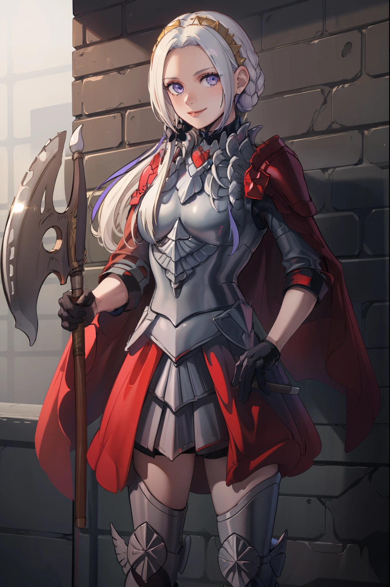 (masterpiece:1.2), best quality, high resolution, unity 8k wallpaper, (illustration), extremely detailed face, perfect lighting, extremely detailed CG, 1girl, solo, purple eyes, white hair, long hair, hair ornament, ribbon, red cape, black gloves, armor, standing, cowboy shot, looking at viewer, simple background, smile, closed mouth, holding axe, holding grip of axe