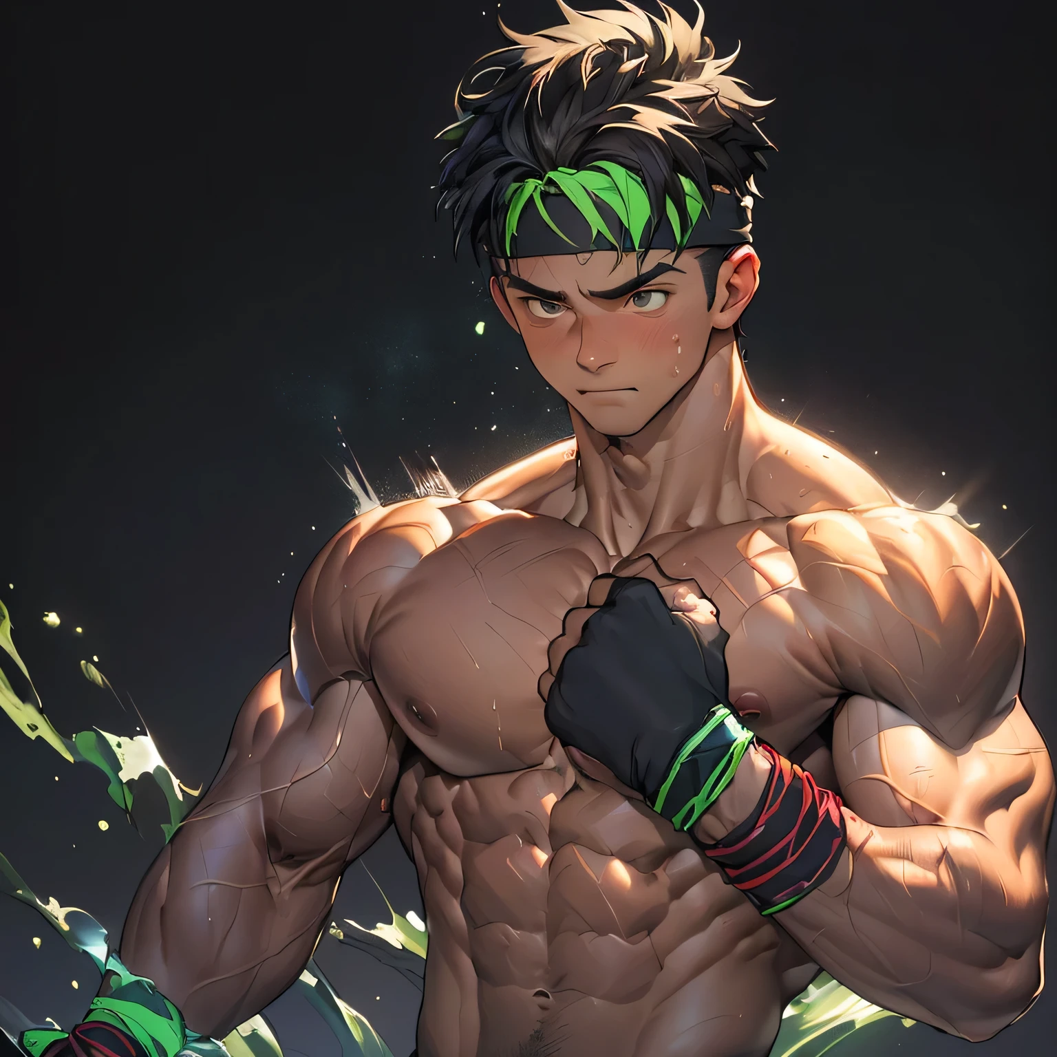 ((masterpiece, best quality)), (((((black background, deep night, upper body))))), (1 boy, worm eyes, Young boy, muscler, Shirtless, topless), ((((1boy, flesh, tough, reliable, developed body, blue and green aura effect, holding aura energy)))), (Dark Short straight hair, ((almost completely shaved hair)), under cut, brown eyes), (((red headband, black wristband))), Vivid colors, ((hot Abs:1.5, abs!, big abs:1.5, big breast:1.5, chest!, big shoulder, muscler upper arms)), muscler!, muscler body, detailed face, detailed muscle, toned body:1.3, (((rippling muscles, boxing stance, uppercut:1.2, body blow)))