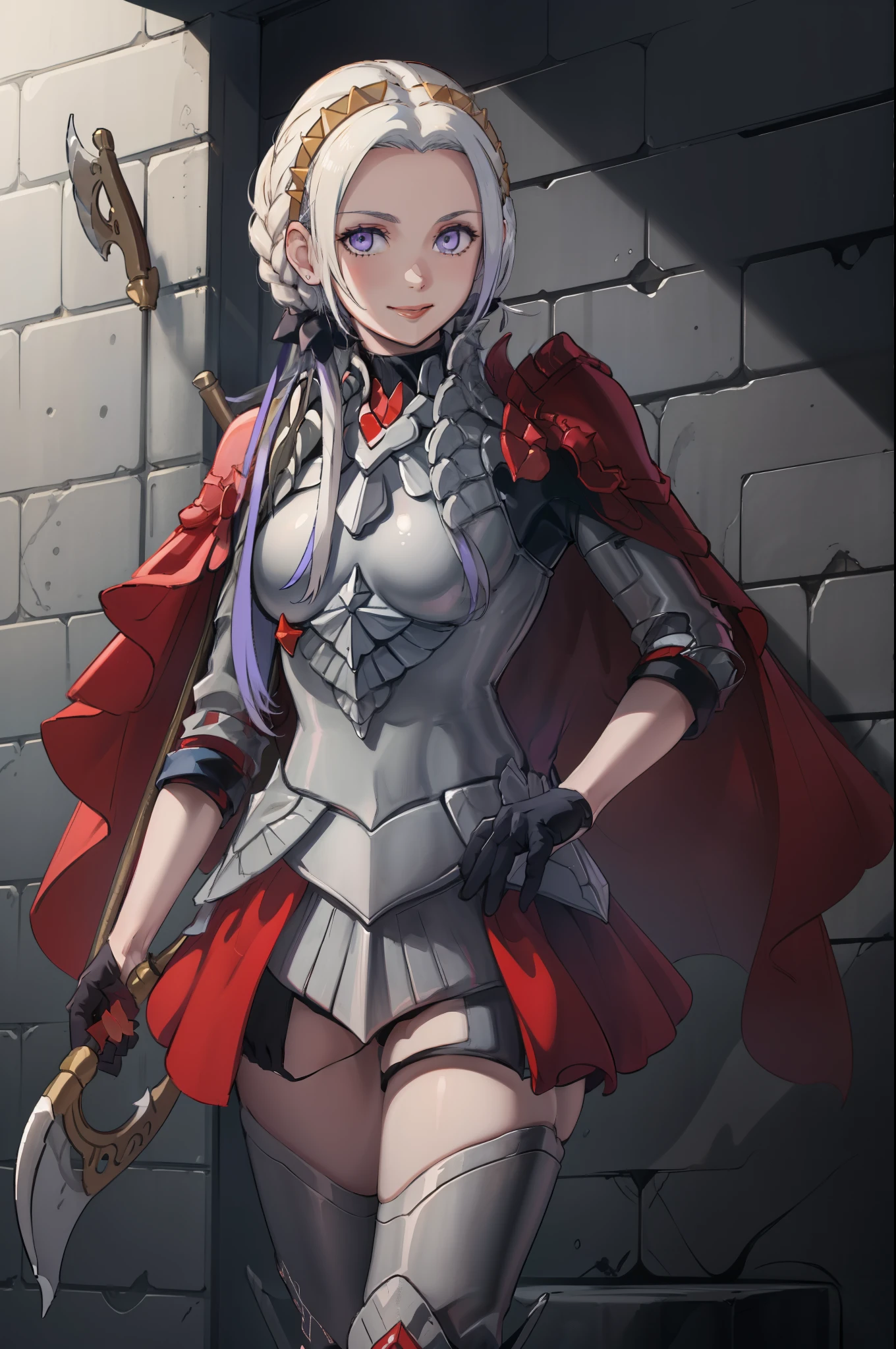 (masterpiece:1.2), best quality, high resolution, unity 8k wallpaper, (illustration), extremely detailed face, perfect lighting, extremely detailed CG, 1girl, solo, purple eyes, white hair, long hair, hair ornament, ribbon, red cape, black gloves, armor, standing, cowboy shot, looking at viewer, simple background, smile, closed mouth, holding axe, holding grip of axe