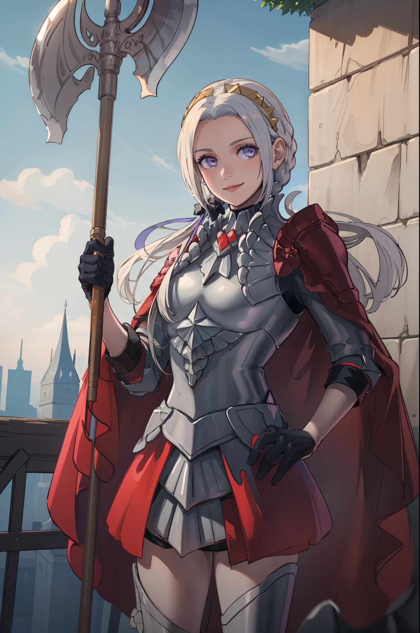 (masterpiece:1.2), best quality, high resolution, unity 8k wallpaper, (illustration), extremely detailed face, perfect lighting, extremely detailed CG, 1girl, solo, purple eyes, white hair, long hair, hair ornament, ribbon, red cape, black gloves, armor, standing, cowboy shot, looking at viewer, simple background, smile, closed mouth, holding axe, holding grip of axe