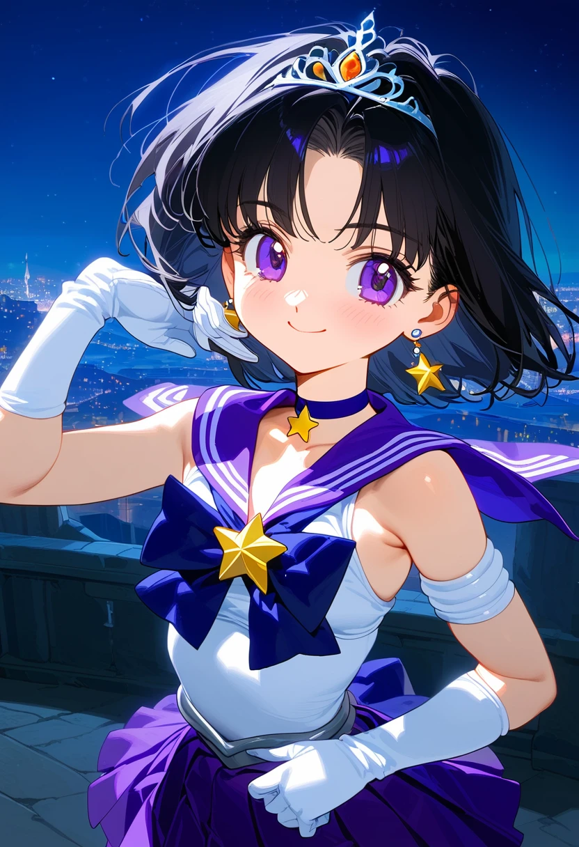 masterpiece,best quality,very aesthetic,absurdres,Sailor Saturn XL,1990s \(style\),1girl,solo,sailor senshi uniform,jewelry,skirt,choker,star choker,sailor collar,bow,brooch,star brooch,purple sailor collar,purple skirt,gloves,tiara,short hair,white gloves,earrings,elbow gloves,black hair,purple eyes,pleated skirt,castle,outdoors,night, looking at viewer, Smile