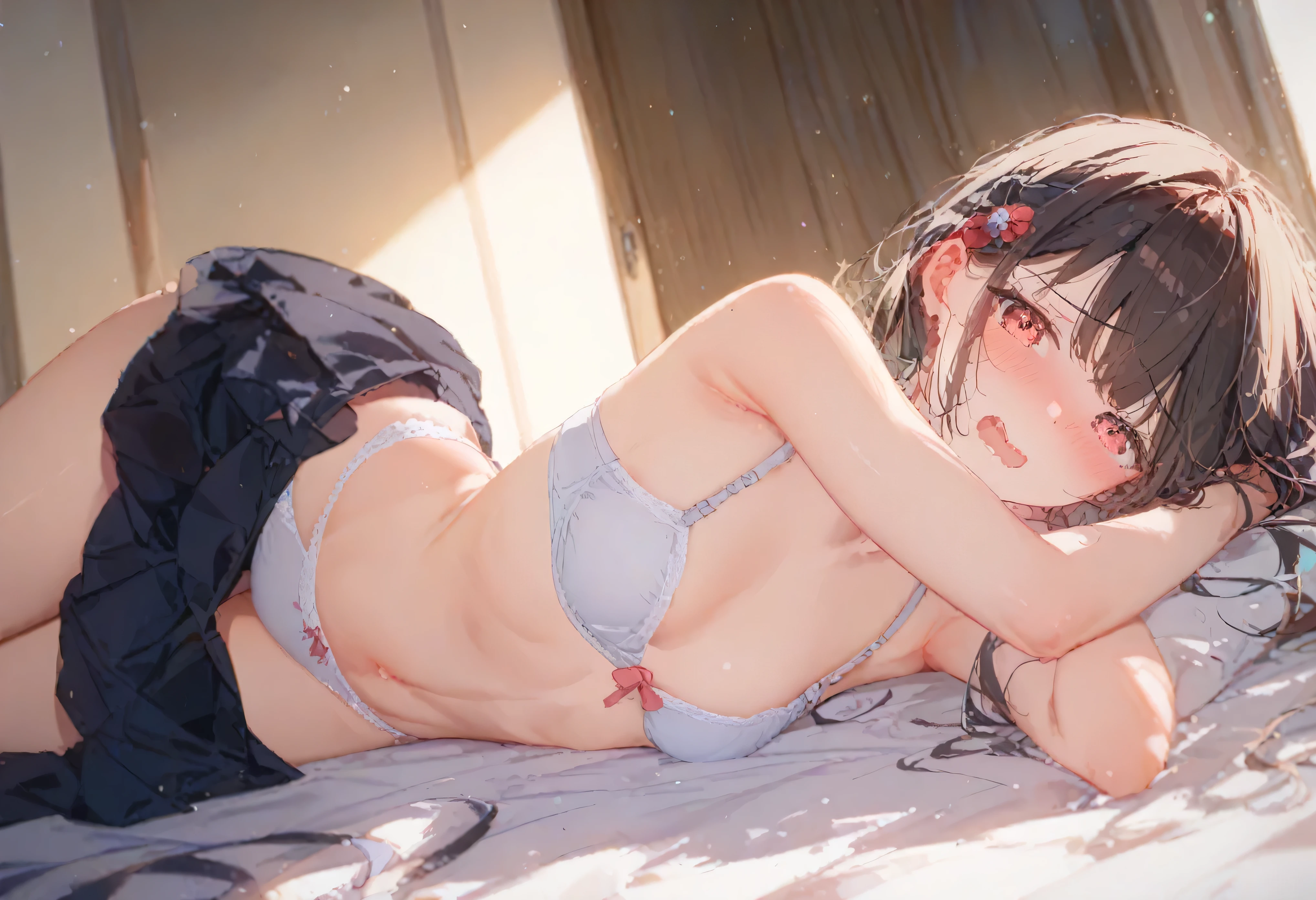 Tachibana Arisu, A girl is posing for a photo, cuteアニメの女の子, 

(((Ultra-high resolution)), ((highest quality)), ((masterpiece)), (Very detailed), (Beautiful sparkle), (Anatomically correct)), ((Realistic)), ((The best CG)), 
CG illustration, 8k, 1080P, Anime 2D Rendering,

(((One Girl))), 
(Symmetrical facial features:1.4, Perfect Face), Beautiful clavicle, (Beautiful fingers), (((Beautiful breasts, Small breasts))), Beautiful body, Beautiful thighs, Beautiful legs, Perfect round ass, 
(((Detailed skin, Oily skin, Textured skin, Beautiful white skin:1.4))), 

(((Baby Face, cute, ************))), 

((Black Micro Bikini:1.4))、((Black knee-high stockings:1.4))、 Earrings、necklace、 
break 
(Troubled face、Embarrassing、Blushing), 
break 
((Bedroom、Squatting on the bed:1.4、Spread your legs out to the side:1.4、Place your arms behind your head:1.4)), ((Angle from below))

