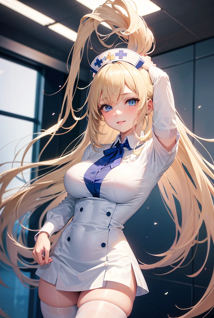 Blonde hair and blue eyes　Long Hair　Fairy　Big Breasts　beauty　cute　highest quality　Troubled face　erotic　hospital　White mini skirt nurse　slit　White Stockings　Nameplate