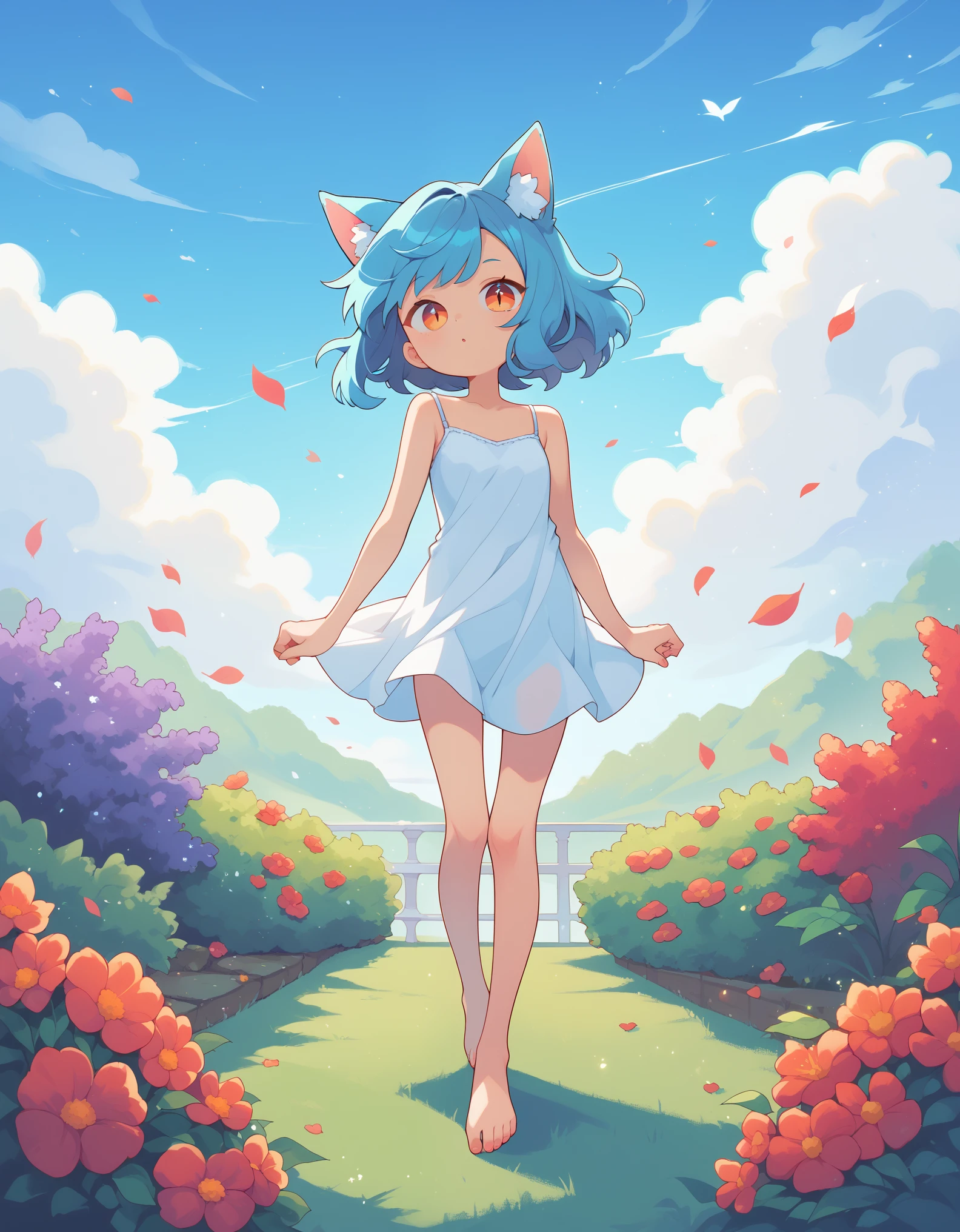 1girl, fox ears, blue hair, barefoot, white camisole, animal ear fluff, standing, full body, floating clothes, wind, garden, slit pupils, limited palette, vibrant, red outline, portrait, looking at viewer, 