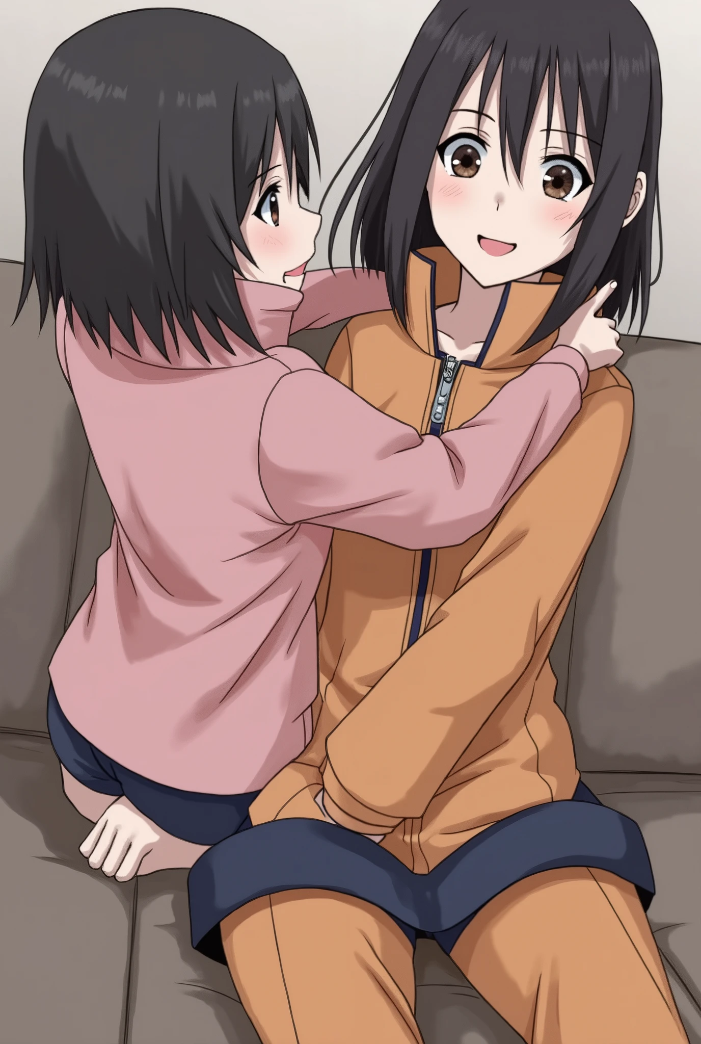 bteman,(2girls,yuri:1.4), nipples, (fingering,grabbing:1.3),grabbing from behind, pussy juice, spread legs, sitting, solo focus,pov