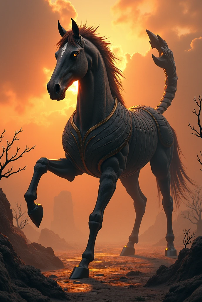 Character inspired by a unicorn with a unicorn body unicorn hair a unicorn tail that is beige mixed with black to gray two arms with a ring that he holds on his left arm of a beige unicorn mixed with black to grayish two unicorn legs a unicorn horn with an orange ring decorated with gold disappointed is a dangerous fighter side and who is this standing