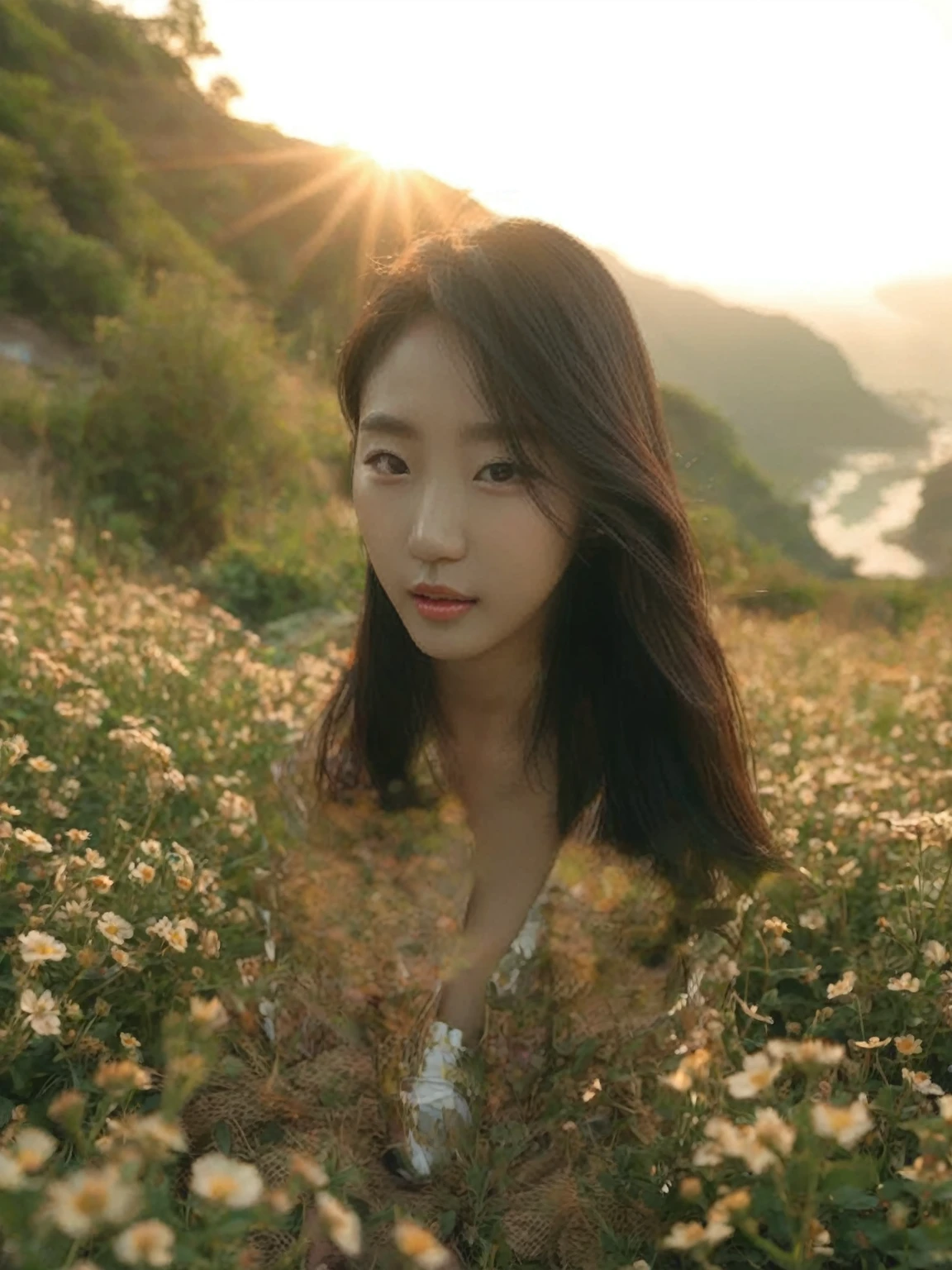 arafed woman laying in a field of flowers with a sunset in the background, beautiful south korean woman, korean girl, jaeyeon nam, beautiful young korean woman, hot with shining sun, seseon yoon, taejune kim, sun yunjoo, heonhwa choe, korean woman, jinyoung shin, gorgeous young korean woman, soft portrait shot 8 k