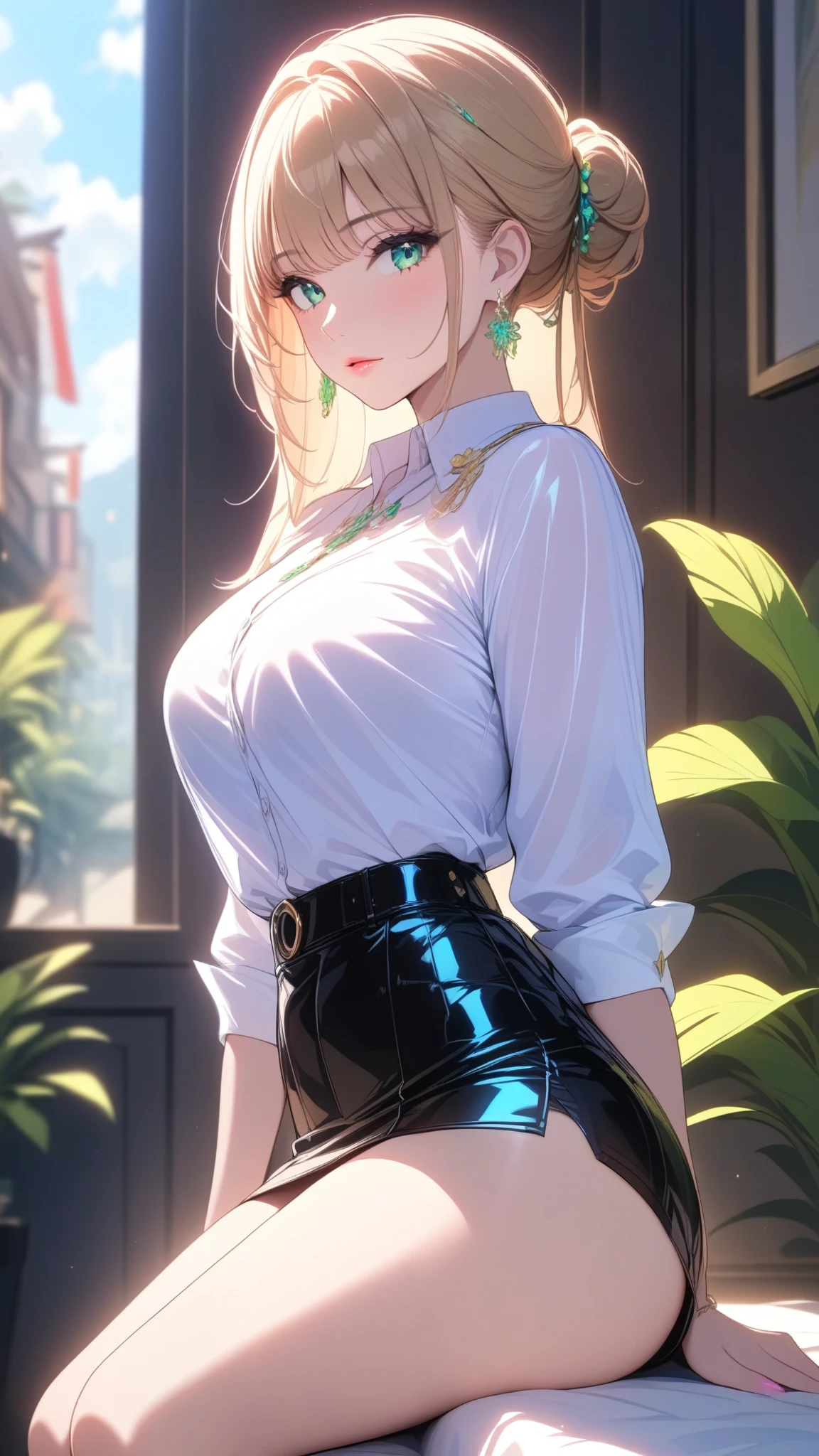 (masterpiece,{{bestquality}}), 1 girl, Beautiful breasts, juicy thighs, thin waist,  decorations, hair gathered in a bun, green eyes, white shirt, black mini skirt, spectacled, blond hair 