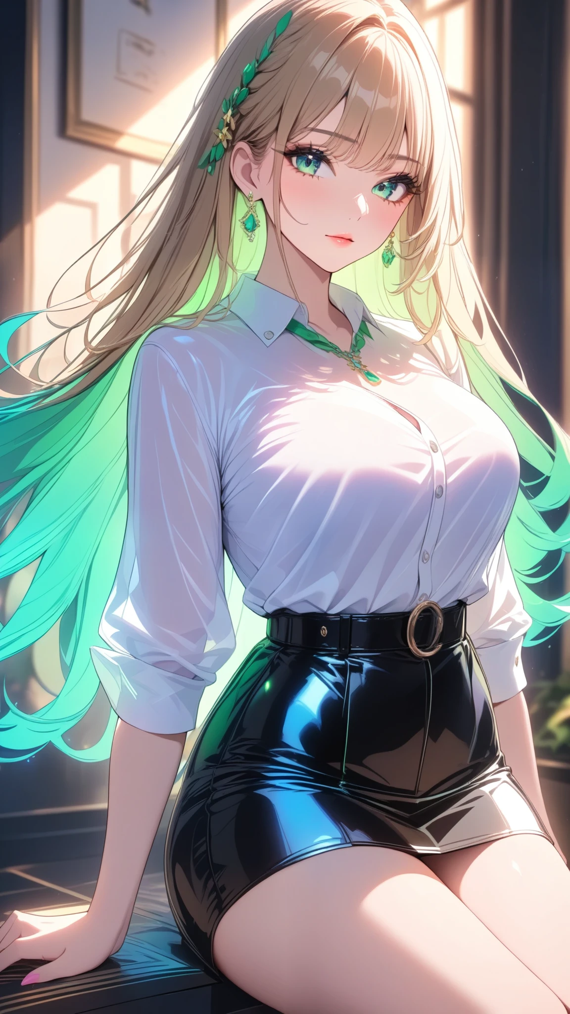 (masterpiece,{{bestquality}}), 1 girl, Beautiful breasts, juicy thighs, thin waist, decorations, gathered hair, green eyes, white shirt, black mini skirt, spectacled, blond hair