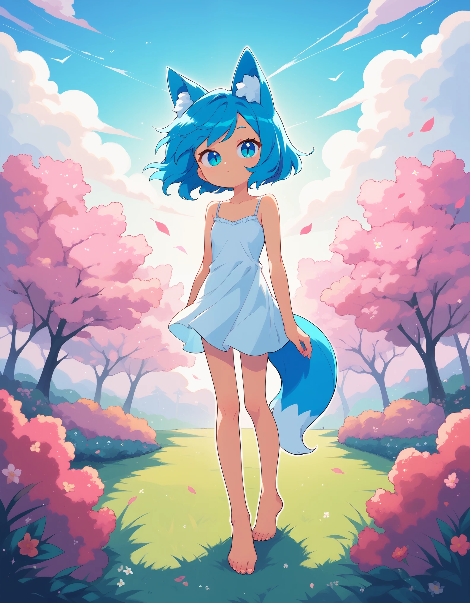 1girl, fox ears, blue hair, barefoot, white camisole, animal ear fluff, standing, full body, floating clothes, wind, garden, slit pupils, limited palette, vibrant, red outline, portrait, looking at viewer, 