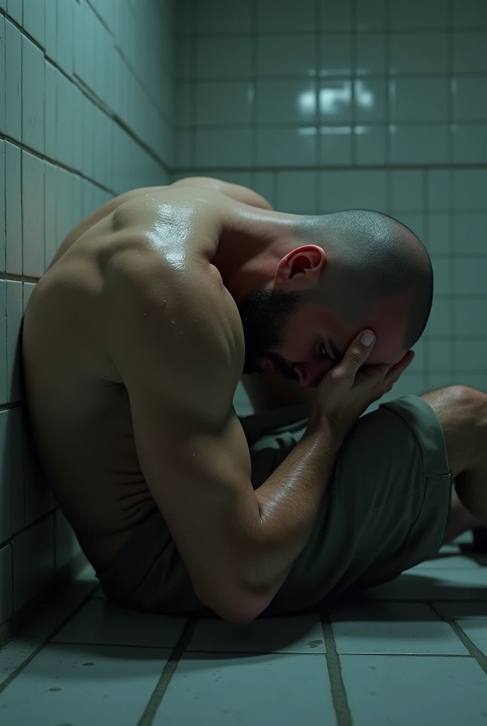 arafed man sitting on the floor in a bathroom with his head in his hands,  depressed sad expression, sad man lonely and sad, what depression looks like, he is naked and wear nothing, big muscles, mega muscles, wet shiny look, flawless white skin, big arms, big thighs, he is hiding his face between his knees, detailed and fined illustration art