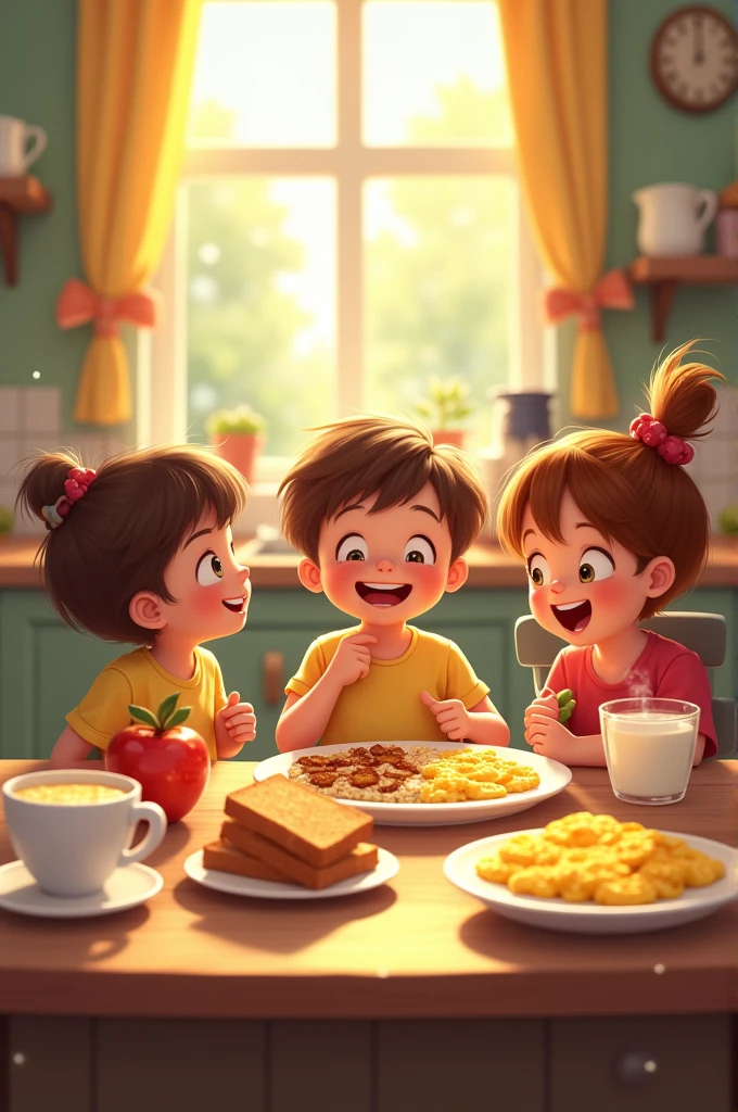 Children happily eat healthy breakfast to go to school