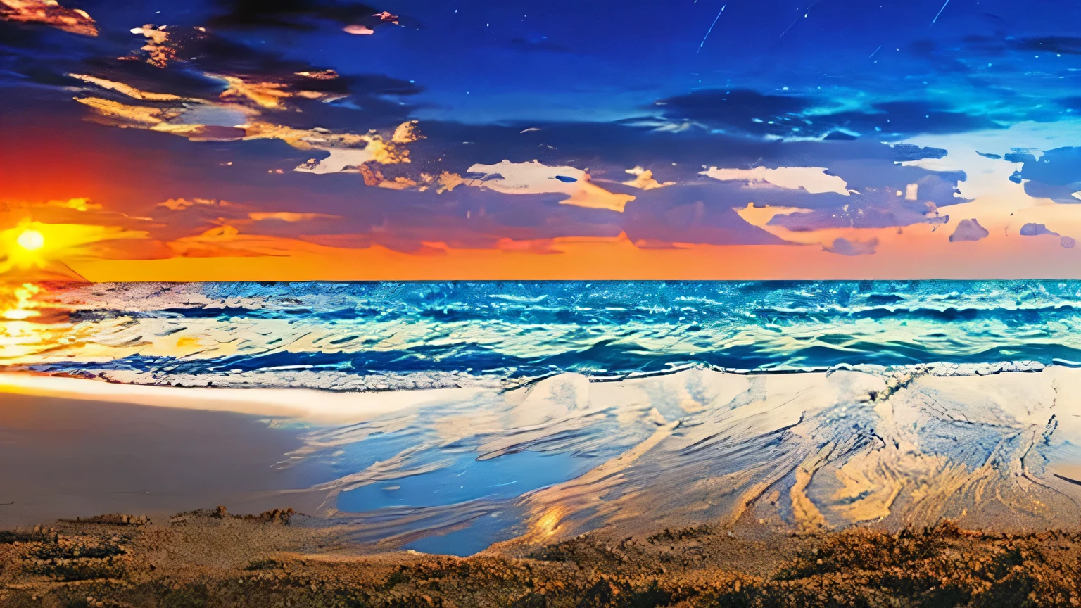 3D, Beach with blue sea, nature, sunny, night, Starry Sky, real world, Miami beach, meditative, mystical