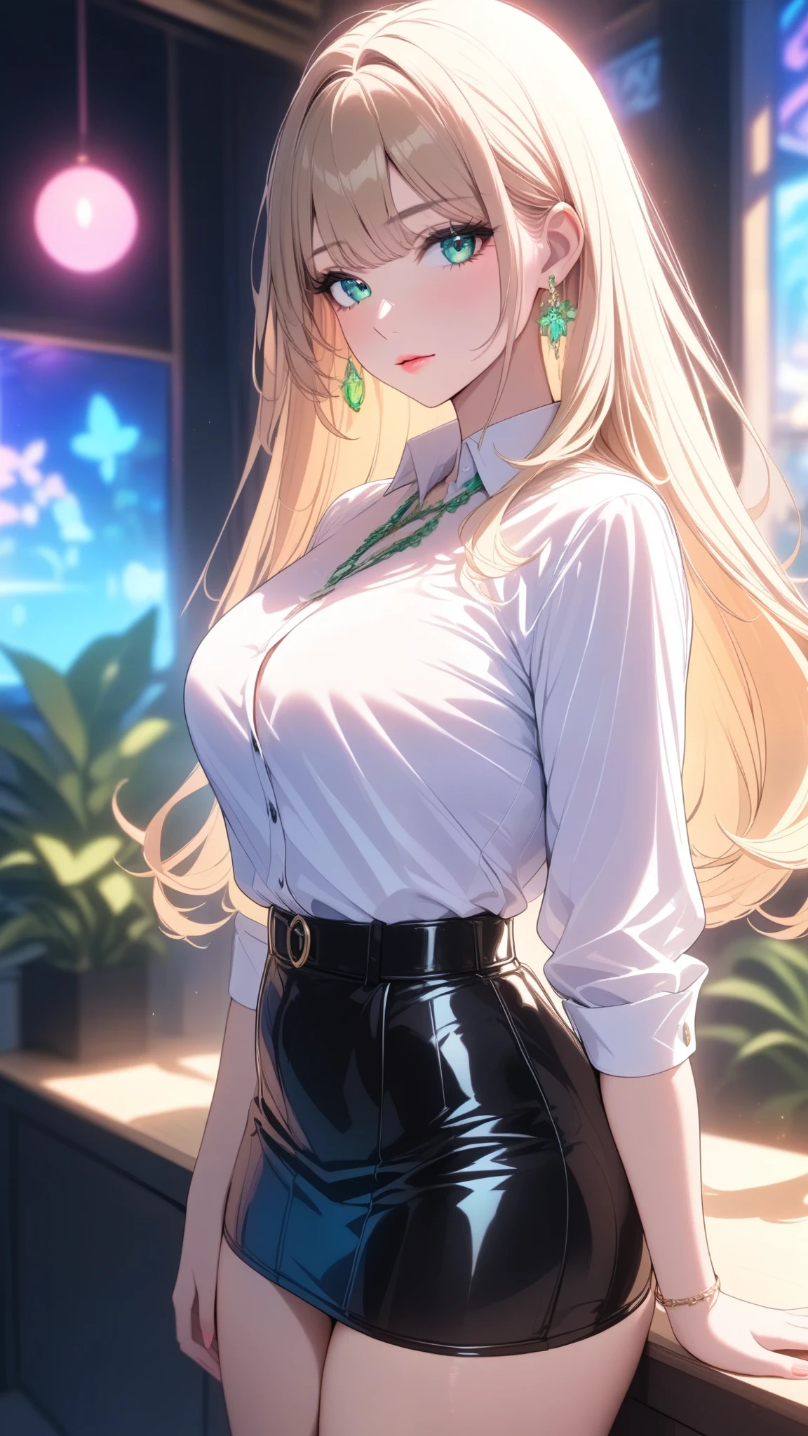 (masterpiece,{{bestquality}}), 1 girl, Beautiful breasts, juicy thighs, thin waist,  decorations, gathered hair, green eyes, white shirt, black mini skirt, spectacled, blond hair 