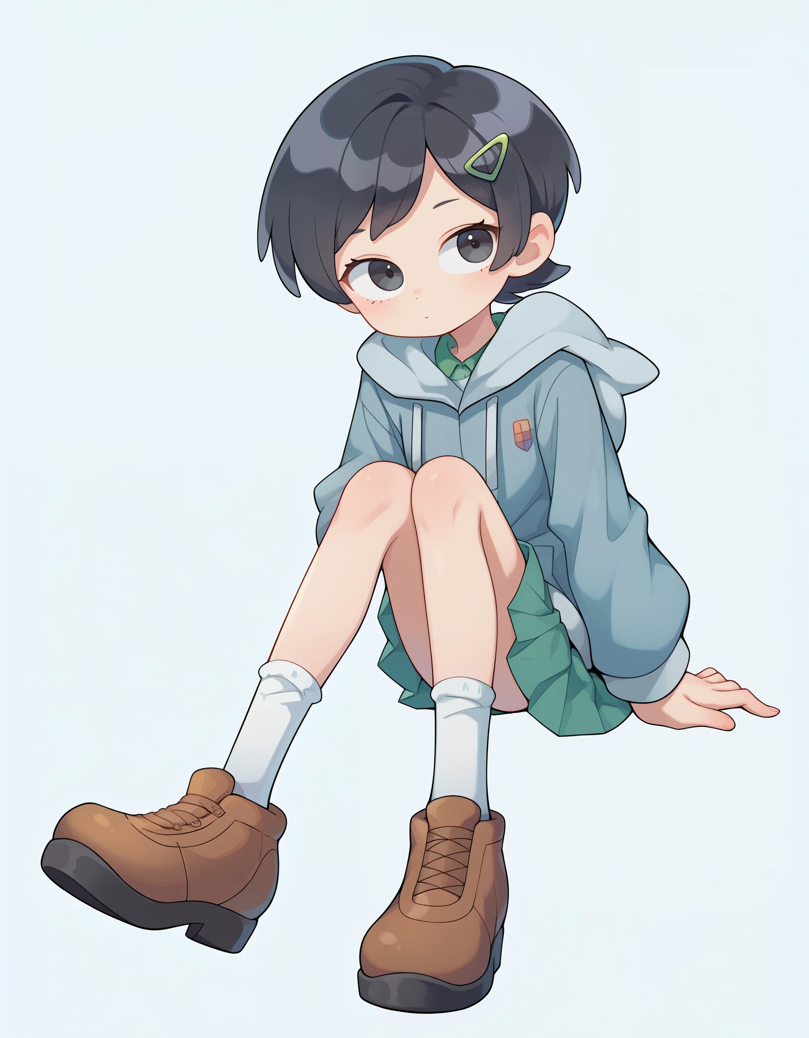 score_9, score_8_up, score_7_up, source_anime, 1girl, solo, mwk, expressionless, knees together feet apart, short hair,shirt, skirt, black hair, long sleeves, hair ornament, sitting, jacket, full body, pleated skirt, shoes, socks, hood, black eyes, hoodie, brown footwear, white socks, hood down, green skirt