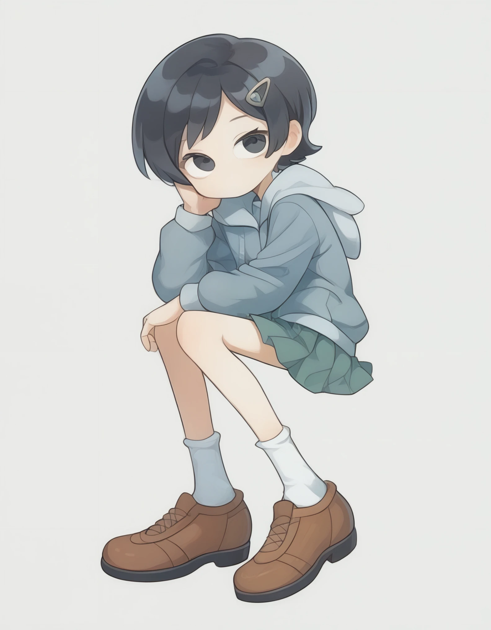 score_9, score_8_up, score_7_up, source_anime, 1girl, solo, mwk, expressionless, knees together feet apart, short hair,shirt, skirt, black hair, long sleeves, hair ornament, sitting, jacket, full body, pleated skirt, shoes, socks, hood, black eyes, hoodie, brown footwear, white socks, hood down, green skirt