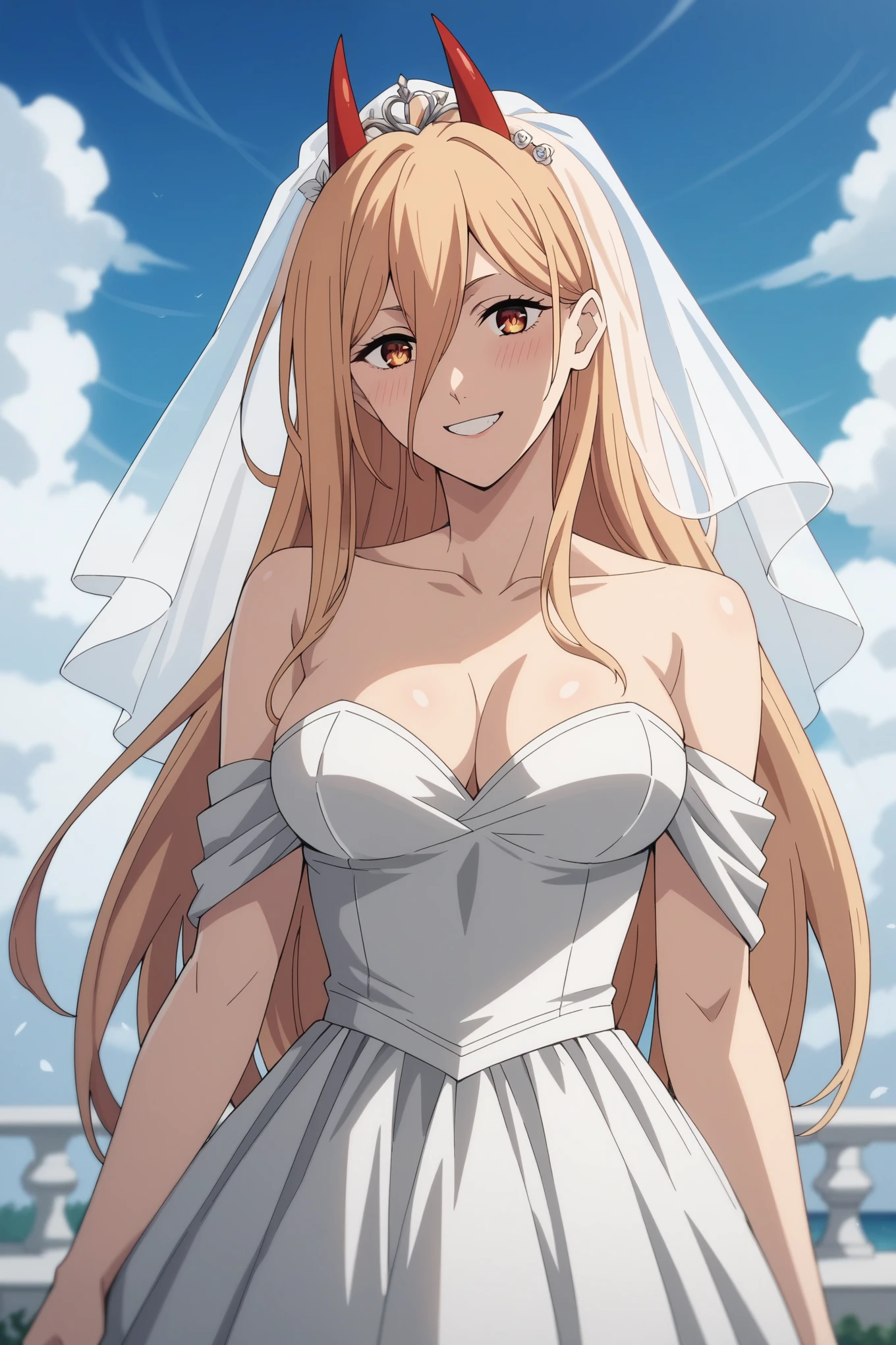 score_9, score_8_up, score_7_up, score_6_up, source_anime, BREAK, 1girl, solo, p0w3r0x1, power, long hair, blonde hair, red horns,demon pupils, blushing, medium breasts, , smile blushing, looking at viewer, wedding dress, wedding veil, off shoulder, cleavage, smile, wedding ring, outdoor, sky, standing, cowboy shot, smile, medium breasts, anime screencrap