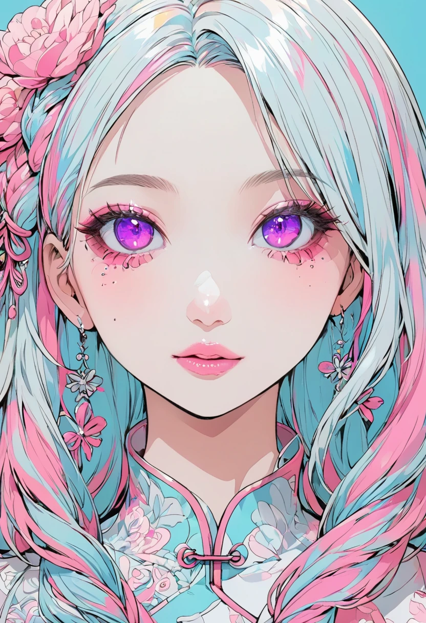 (Highest quality:1.4, City Pop Style, Very detailed, up to date, Vibrant, High Contrast, ), Gal, One girl, alone, ((Face Up Shot:1.4)), Neon Color Hair, Braid, Droopy eyes, Long Hairstyles, pastel colour, China dress, flower, Portraiture, asymmetrical bangs,  Purple eyes, Cute Face. Lips in Love, Stylish design, Pure light blue background.