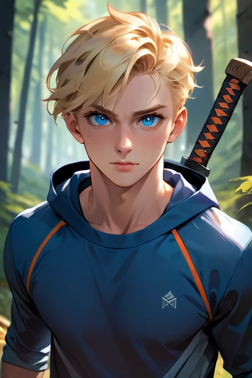 ****ung man; age 19; attractive; masculine adult; toned and muscular, athletic build; very short blonde hair; expressive blue eyes with black pupils; square-faced; fair skin; smug; rugged good looks; strong square wide jaw; broad-chin; wearing a blue and orange tracksuit; trending on artstation; masterpiece; complex volumetric lighting; strong shadows; artistic lighting; dynamic; energetic vibe; realistic skin; specular highlights; micro-textures; highly detailed hair; physically active; very masculine; body hair; hiking in a forest; carrying a wooden sword