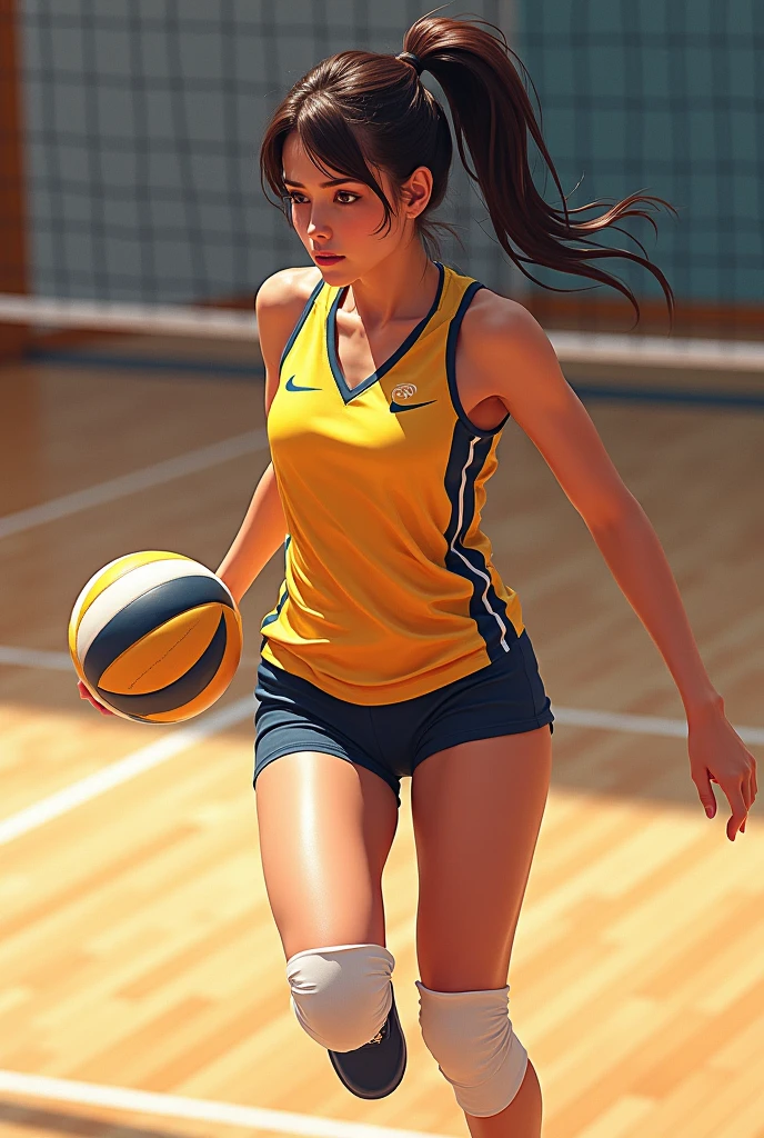 high quality,HD,16k,sharp lines,1 girl,Female volleyball athlete ,cute face, medium breasts, nice legs,At the volleyball venue,focus girl,detailed beautiful face,detailed clothes,beautiful eyes,cool,dynamic angle