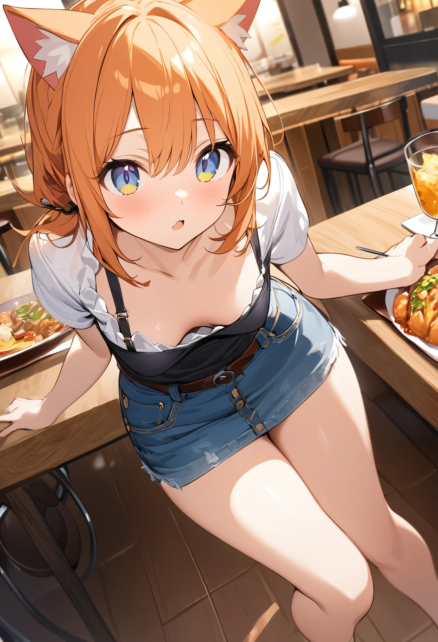 Young girl、Very cute、small、Firm breasts、Denim skirt、Orange Hair、Top quality backgrounds、restaurant、Cat ears、Cat&#39;s tail、（Eating rice）smile、A distant view