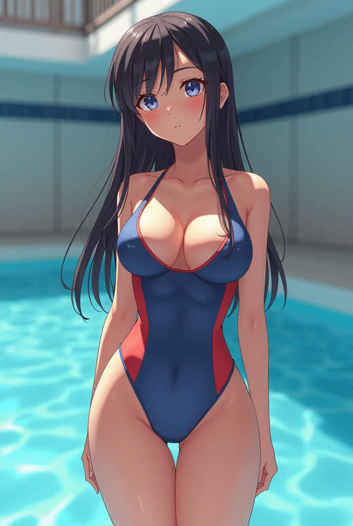 deliveries, One girl, alone, hair band, One piece swimsuit, Swimsuit, blush, Cowboy Shot, View your viewers, Pool,  null, Part your lips, (Covered nipples:0.2), Partially submerged, Ahoge, Large Breasts,   