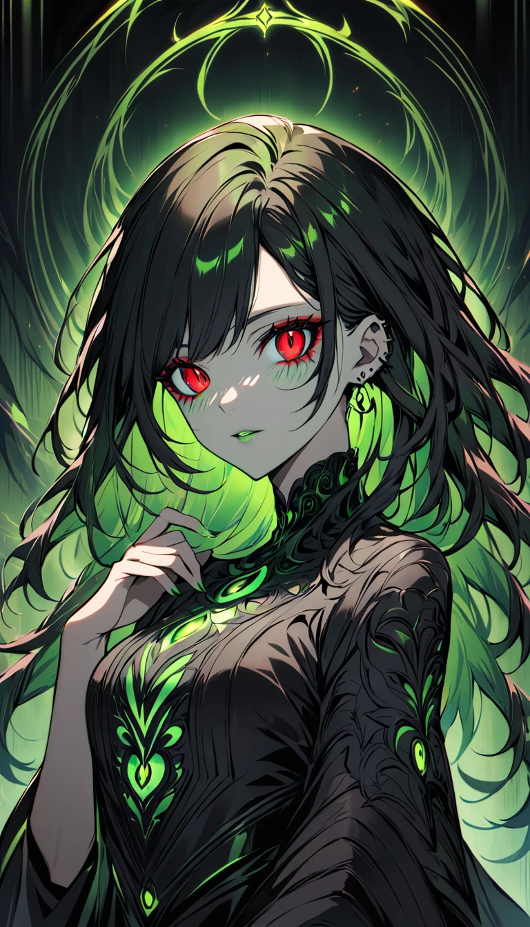 A dark, stylized portrait of a mysterious woman with long black hair and piercing red eyes. She wears a form-fitting black outfit adorned with intricate textures and glowing green accents. Her facial expression exudes confidence, with one hand raised thoughtfully to her lips. The background features a subtle gradient of light green, enhancing the overall eerie and captivating ambiance of the image.