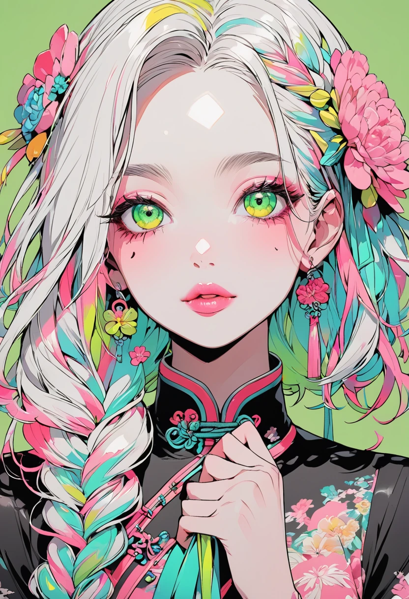 (Best Quality:1.4, City Pop Style, Very detailed, Latest, Vibrant, High contrast, ), Gal, One Girl, Alone, ((Front close-up shot:1.4)), Fluorescent hair, Braiding, Droopy eyes, Medium Bob Style, Pastel colors, Chinese dress, flower, Portraiture, Asymmetrical bangs,  Green Eyes, Cute Face. Lips in Love, Stylish design, Pure Green Background.