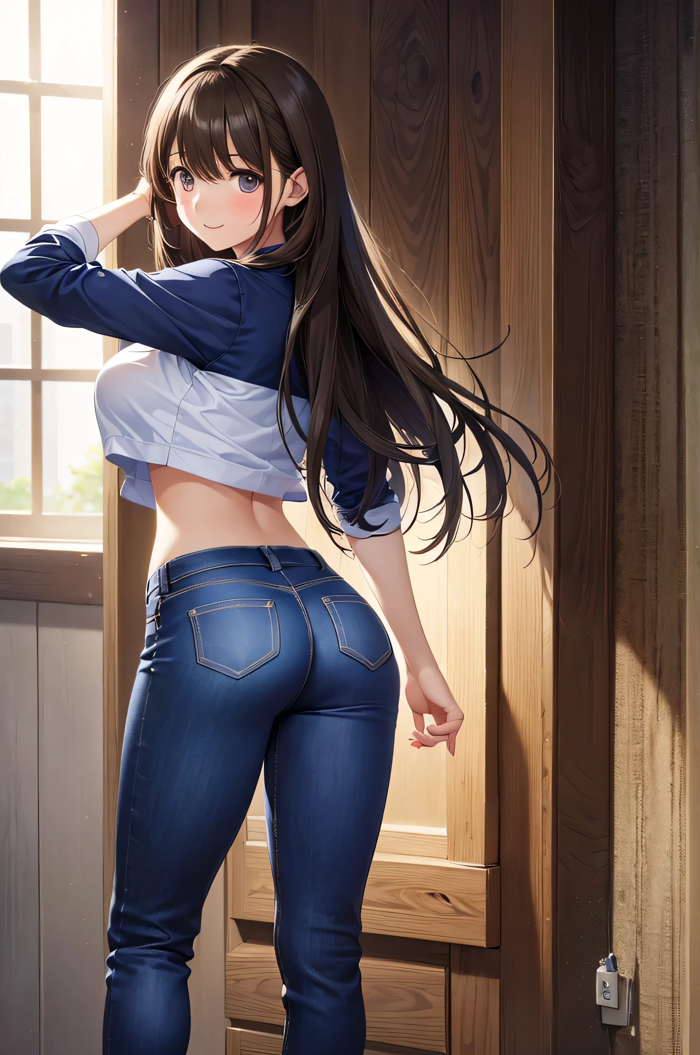 8k , masterpiece,best quality,ultra detailed, 1 female, blush, smile , Cute girl anime visuals, Beautiful Anime Girls, Smooth anime CG art, Official artwork, Fascinating anime , ((slim fit pants、Buckshot、Looking Back、Beautiful woman))、(Young girl)、(Genuine、photoGenuineistic、Very detailed、Best Detail Skin、Highest quality、masterpiece、Ultra-high resolution)、The lighting is bright、Stick your butt out , Small Ass , slim body