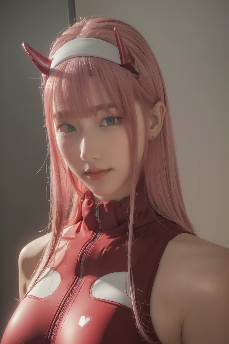 ((best quality)),((highly detailed)),masterpiece,absurdres,detailed face,beautiful face,((detailed eyes, deep eyes)),(1girl),((dynamic pose)),   Zero_Two, green eyes, 1girl, solo, red bodysuit, long hair, pilot suit, pink hair, bodysuit, straight hair, hairband, standing, horns, breasts, bangs, closed mouth, looking at viewer, medium breasts, white hairband, skin tight, blunt bangs, makeup, eyeshadow, very long hair, sidelocks, expressionless, hair between eyes, red horns, shiny hair, towards the viewer, smile